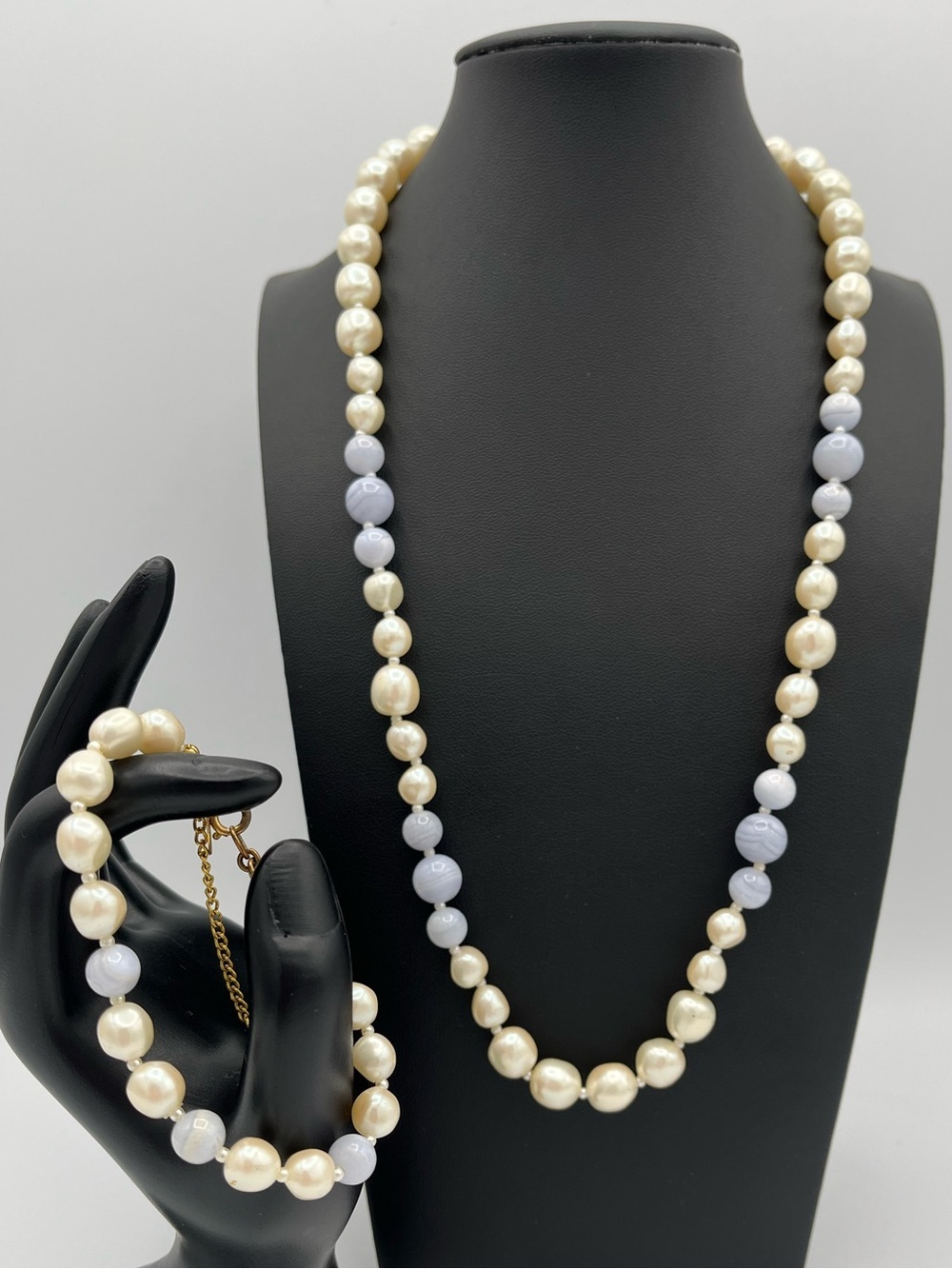 Signed Miriam Haskell 1960s Pearl & Blue Glass Necklace and Bracelet Vintage Set - Picture 2 of 5